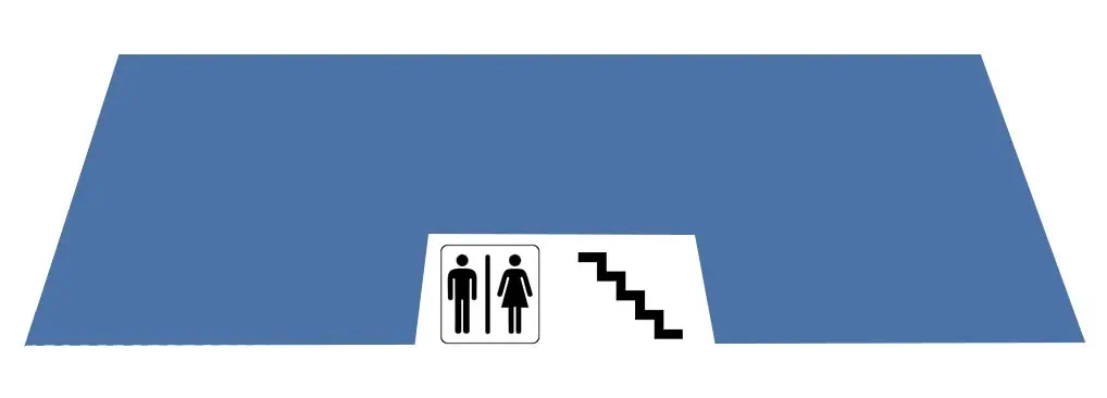 Showroom entrance with restroom and staircase signs in a modern setting.