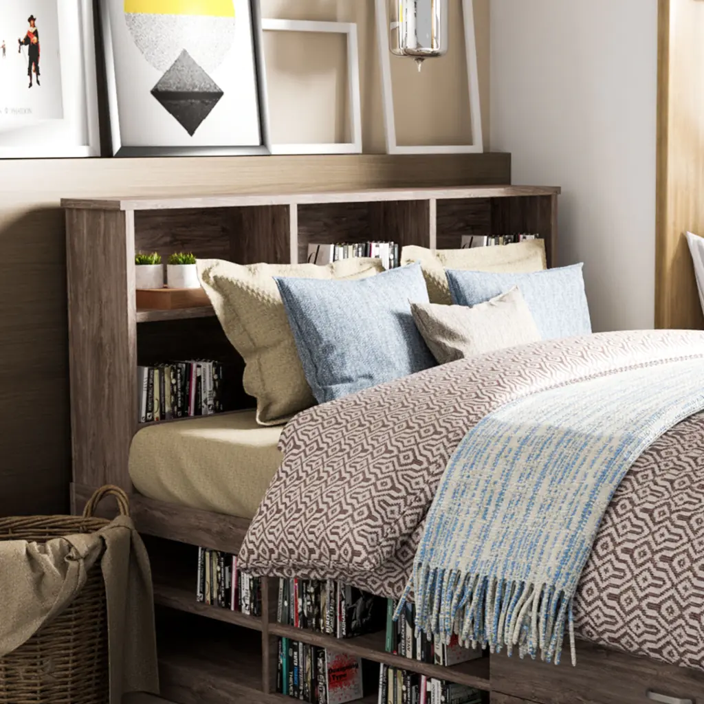Bed with inbuilt bookcase in its headboard