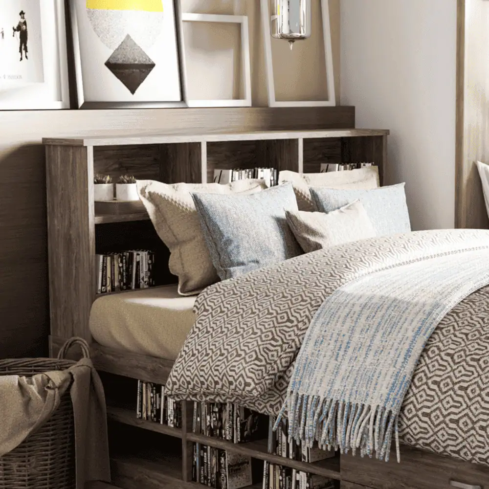 Bed with inbuilt bookcase in its headboard
