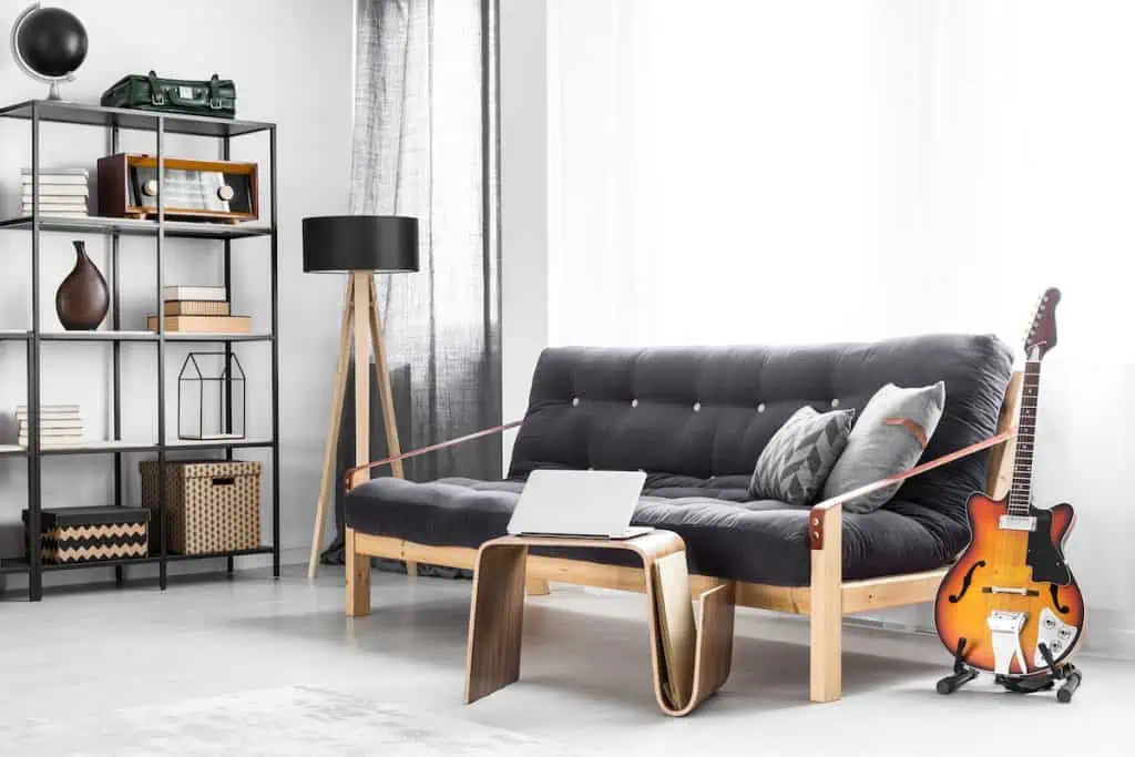 Wooden futon bed in a modern room