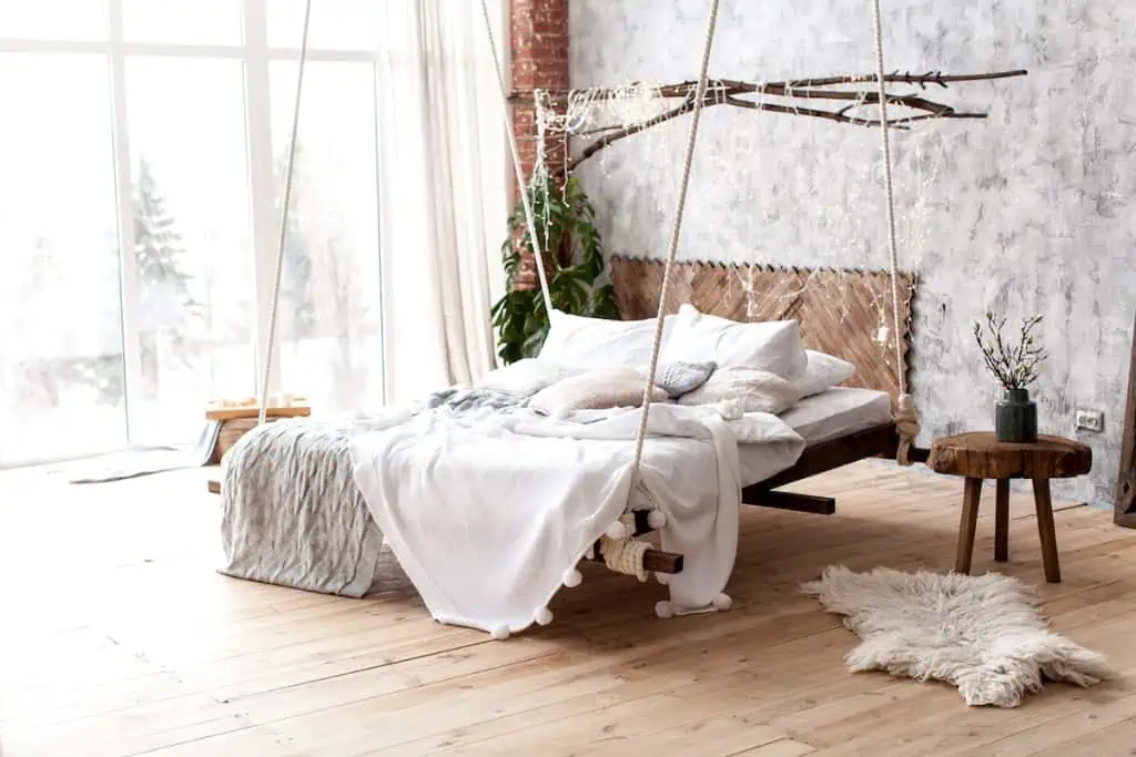 Hanging bed in an airy room