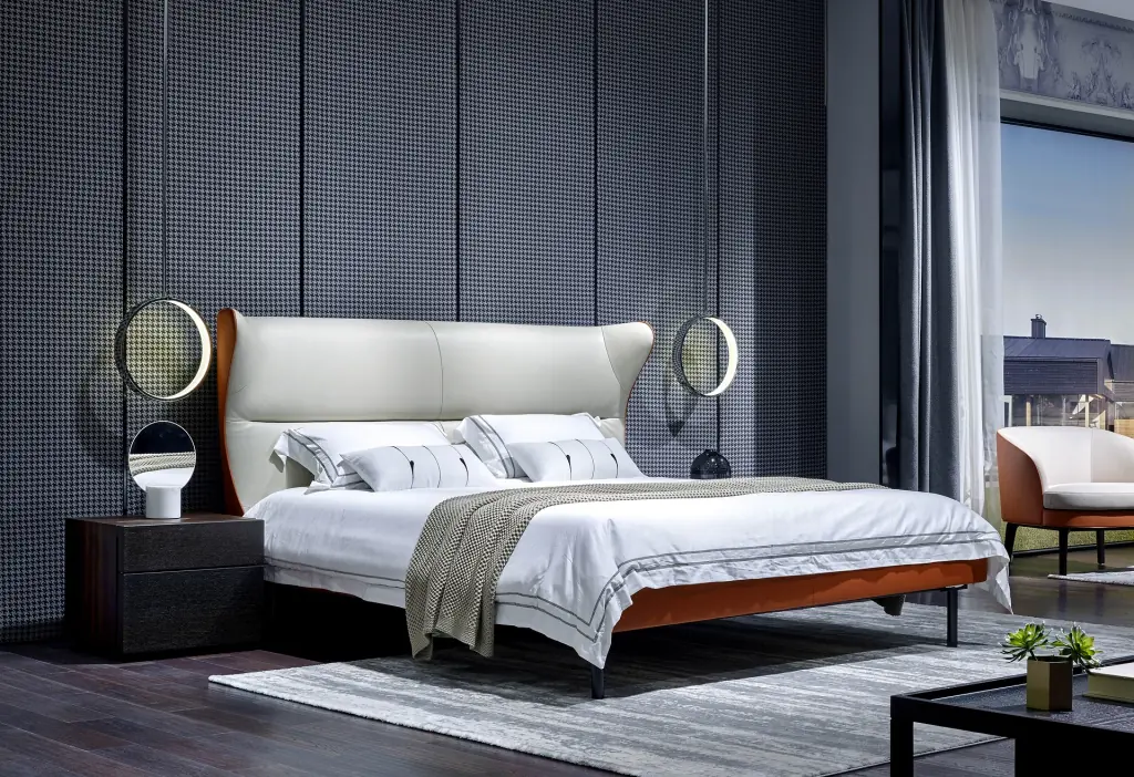 White leather and wood bed in ultra-modern bedroom