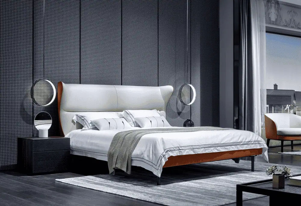 White leather and wood bed in ultra-modern bedroom