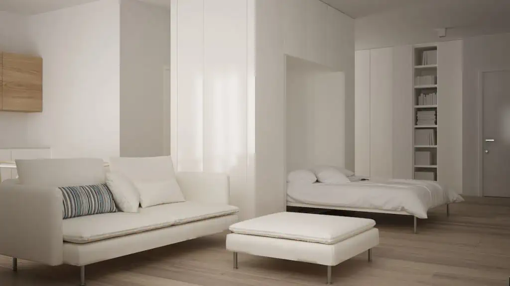 Small apartment with parquet floor, Murphy bed and white sofa in contemporary living room