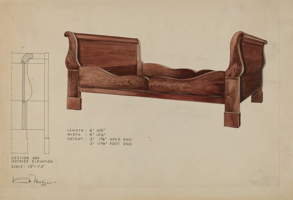 Antique sleigh bed illustration and technical drawing