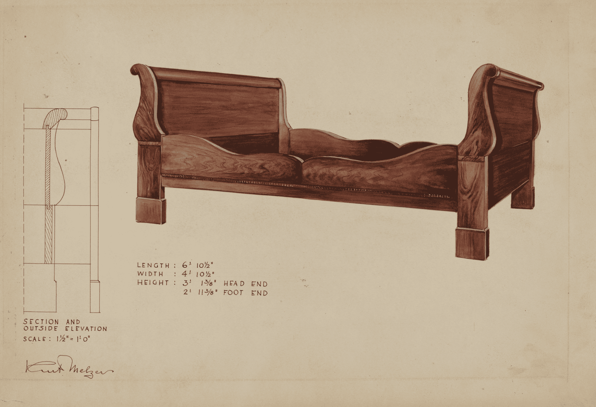 Antique sleigh bed illustration and technical drawing