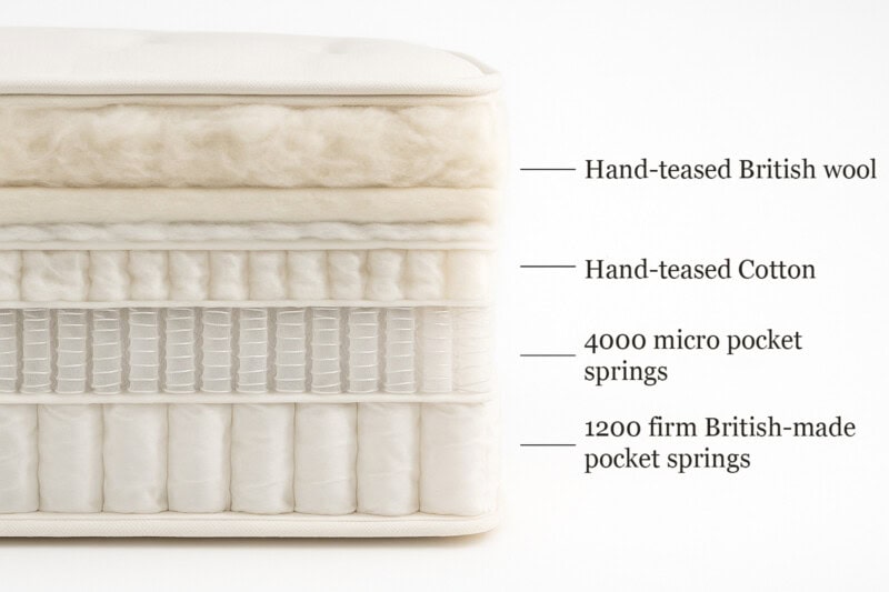 Natural-No.1-Pocket-Mattress-Filling Natural fibre wool mattress cross-section displaying pocket spring layers and hand-teased British wool nested on top of the springs.