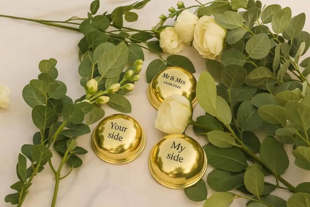Wedding-themed flat lay with white roses, greenery, and gold ring holders engraved with 'Mr & Mrs,' 'Our side,' and 'My side' on soft fabric