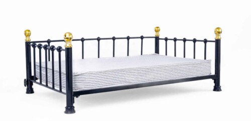 Black and gold dog bed frame with no mattress – side angle