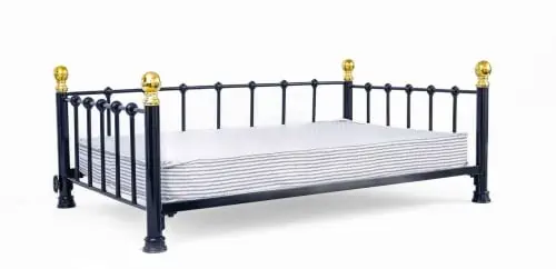 Black and gold dog bed frame with no mattress – side angle