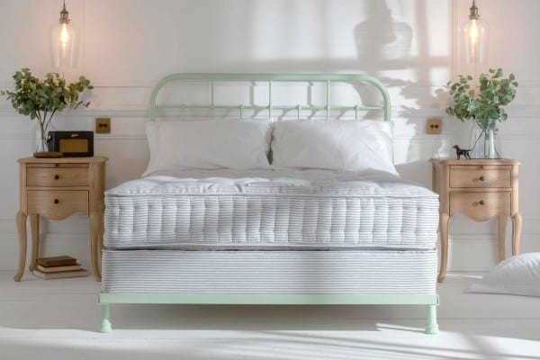 Sprung divan bed base and natural mattress on iron bed frame