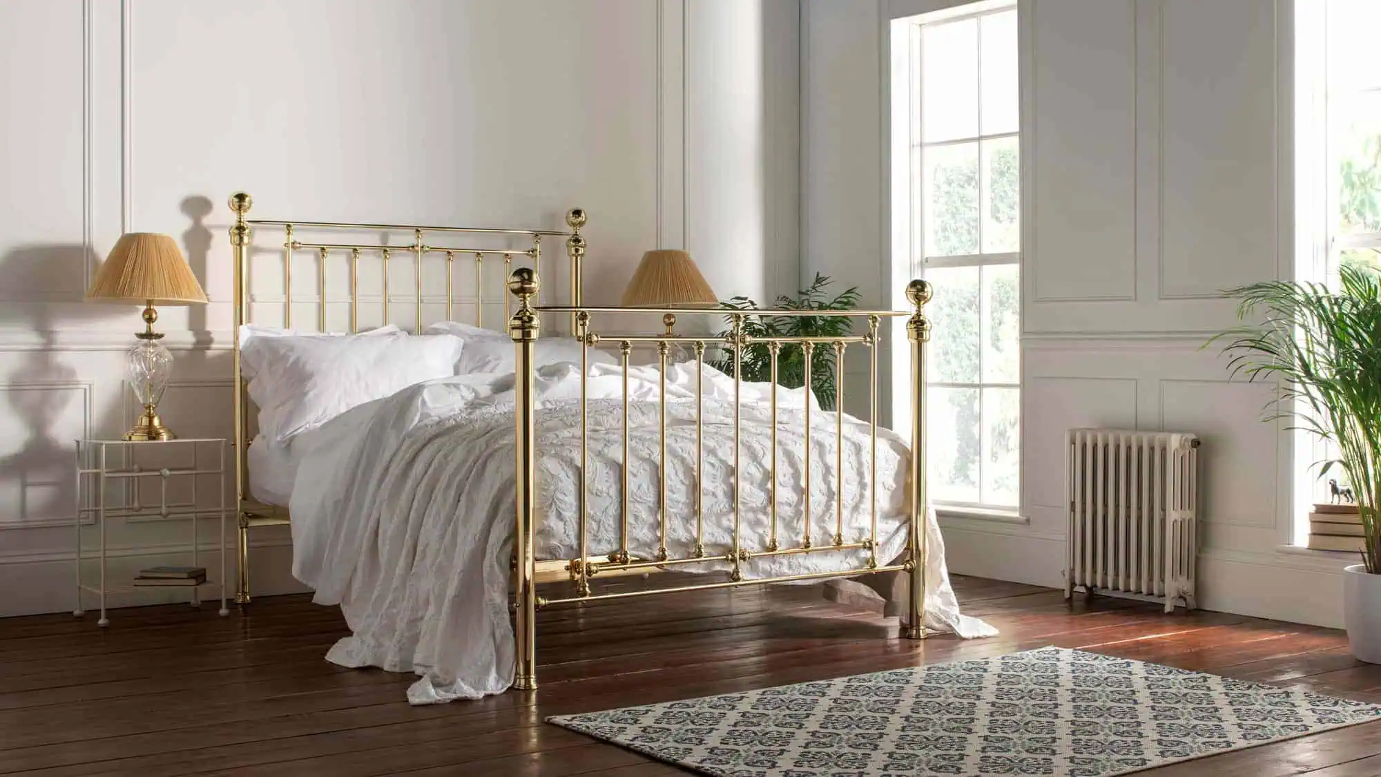 Willow Brass Bed – Handmade Iron and Brass Bed Frame Full view of the Willow brass bed in a classic bedroom setting