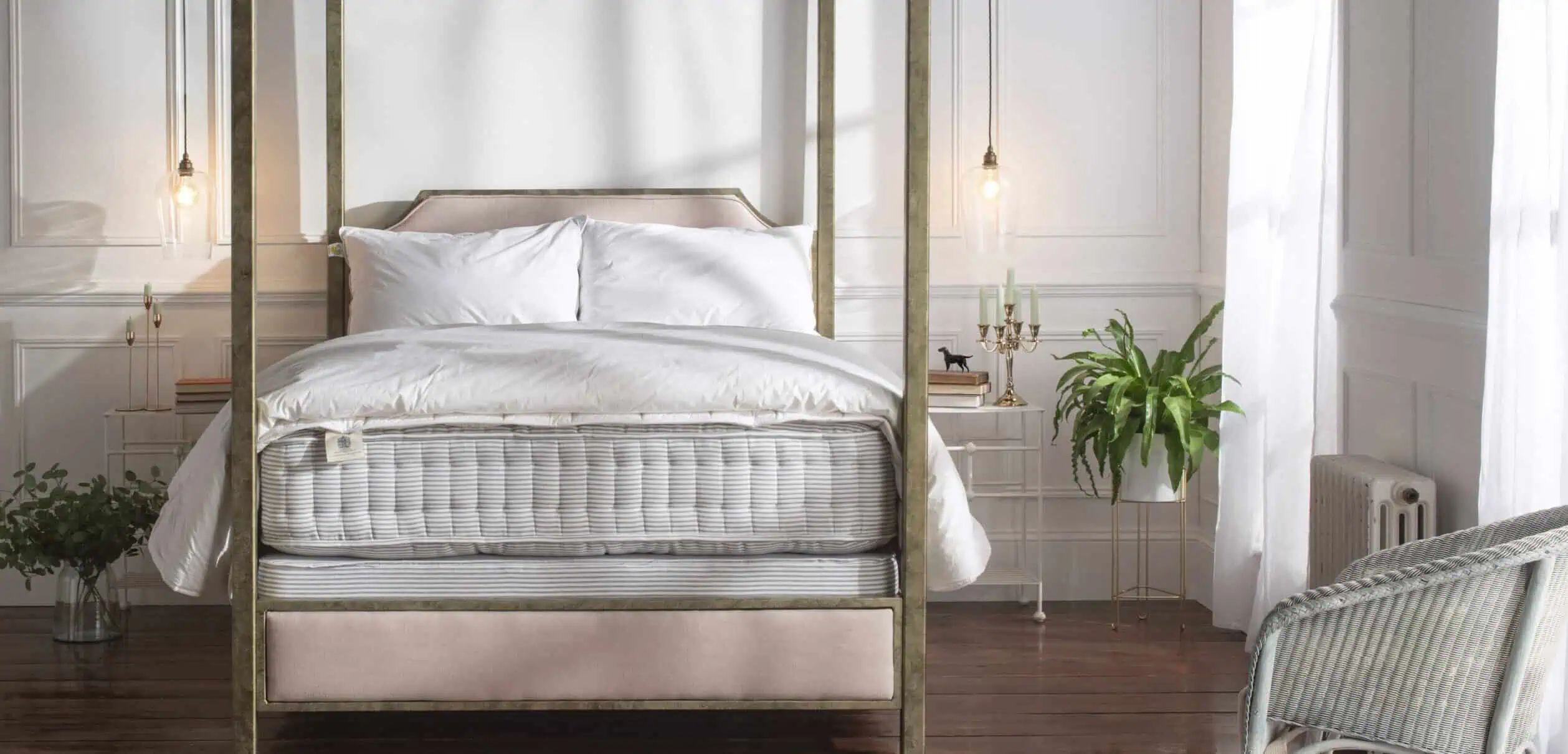 Sandingham Bedding Portrait1 Bed base and mattress in butcher's stripe on Aurora iron bed with white bedding
