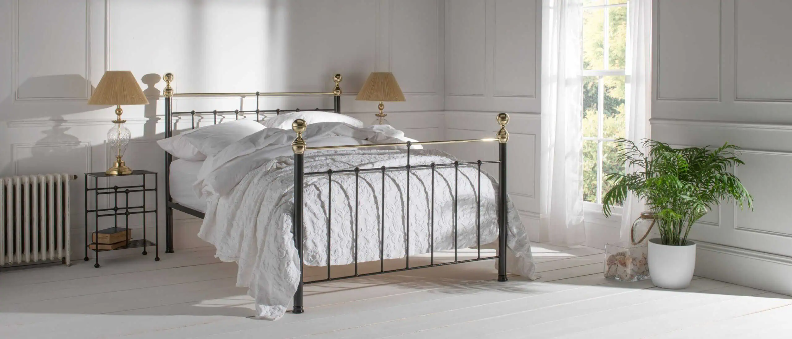 Albert brass and iron bed with white bedding