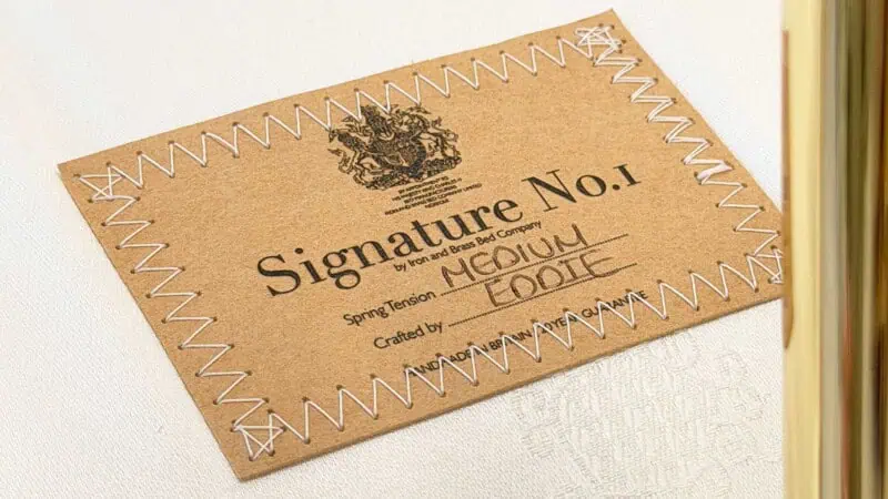 british wool mattress label - showing the name of the artisan who handmade this wool mattress