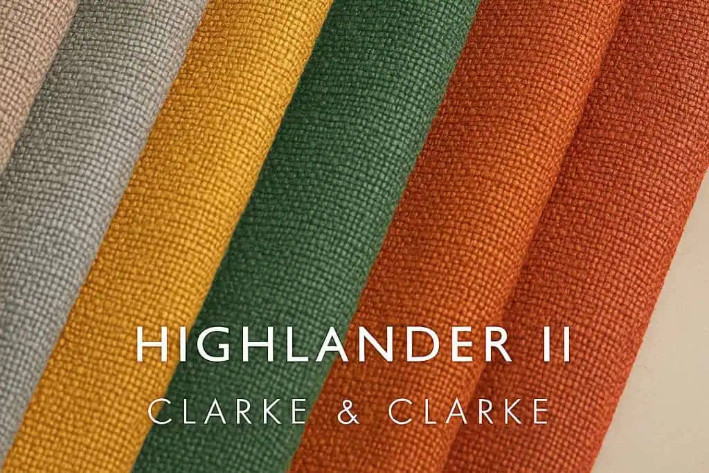 A close-up view of richly textured fabric swatches from Clarke & Clarke's Highlander II collection, arranged in a diagonal layout. The swatches showcase a variety of warm, earthy tones including beige, taupe, grey, mustard, green, and rust, with a visible woven texture. "Highlander II" and "Clarke & Clarke" are written in clean white text at the bottom, set against a softly lit, neutral background.