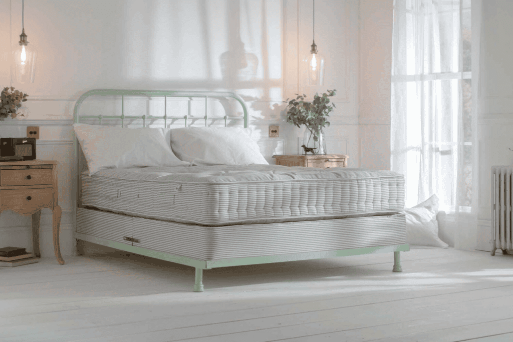 black iron metal bedframe in a country cottage setting