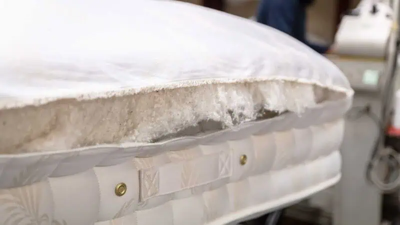 making of a british wool mattress - image shows handteased wool fillings, topped with a soft cotton cover and hand side stitched borders,