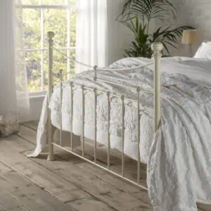 Lily iron bed tailboard in white with round finials
