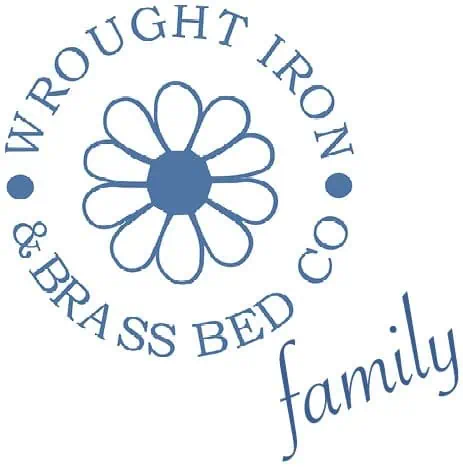 Wrought Iron and Brass Bed logo with flower design and family text.